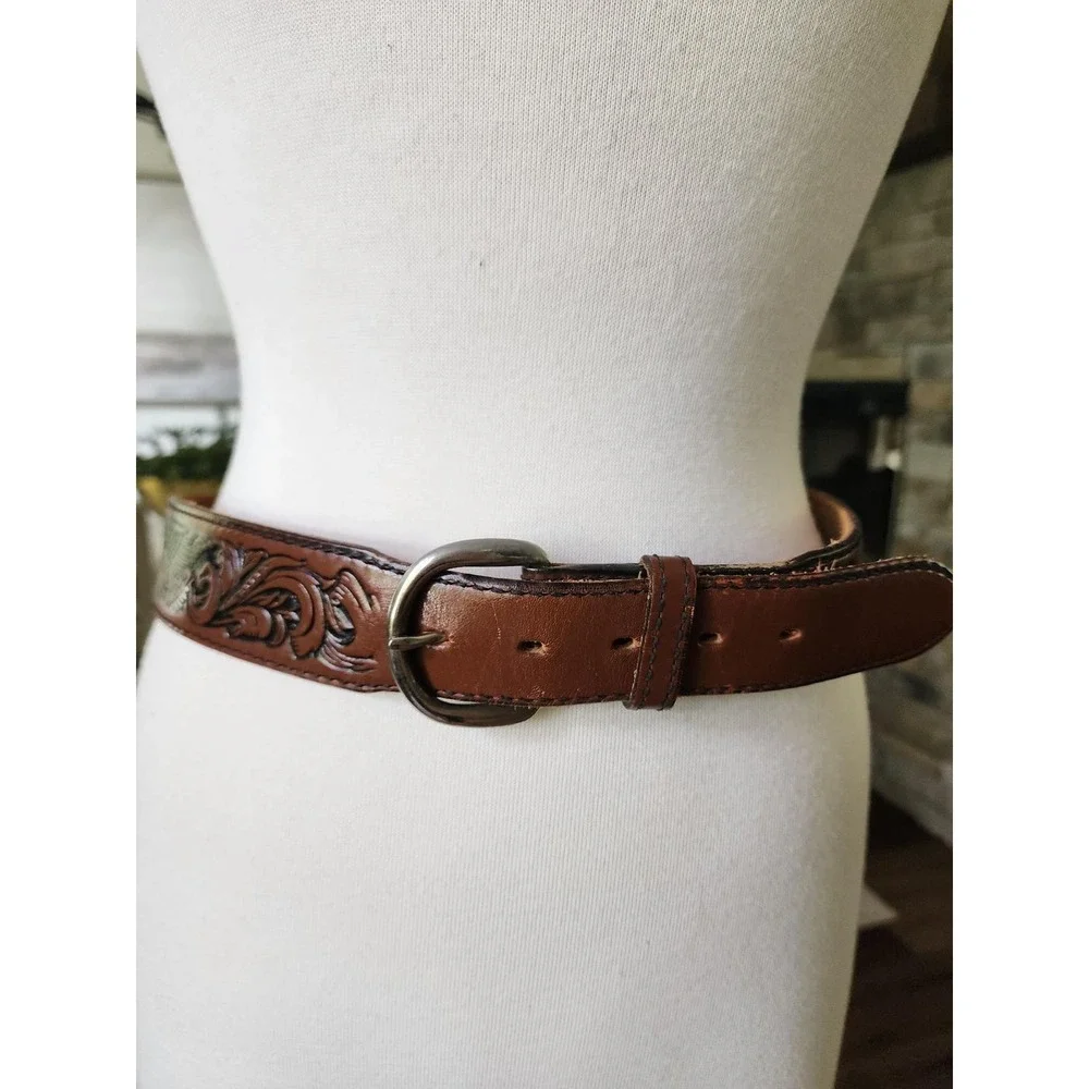 Vintage Mens Brown Tooled Leather Western Belt Eagle Floral Scroll Silver Buckle
